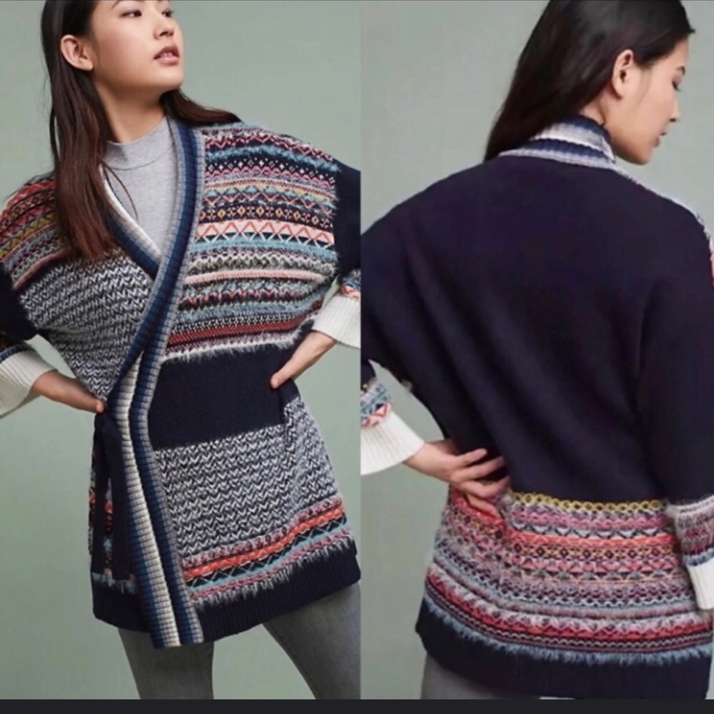 ✅Anthropologie Sleeping On Snow Kimono Fair Isle Wrap Cardigan Sweater XS/S